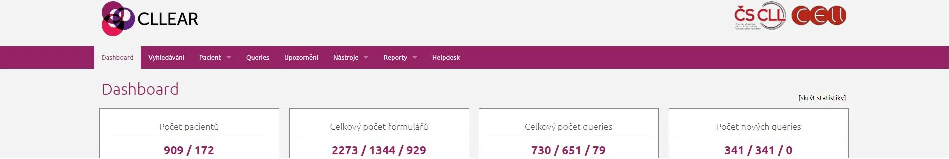Snímek obrazovky dashboardu registru CLLEAR se souhrnnými statistikami